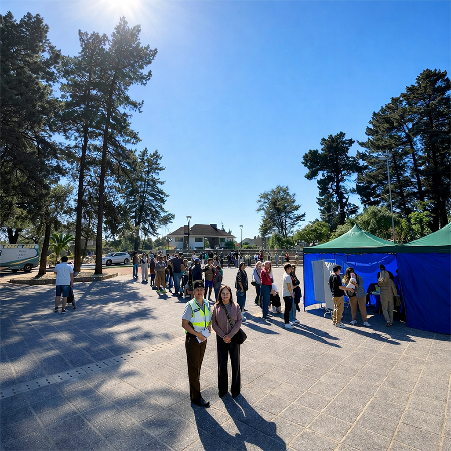 Vista panorámica de la jornada de vacunación en Plaza La Misa, Bosques de Montemar, con carpas de atención y gran asistencia de vecinos