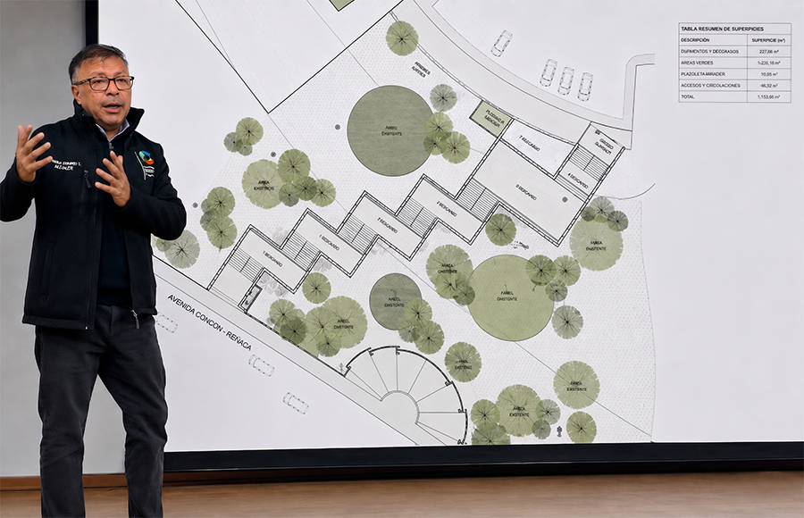 El alcalde de Concón exponiendo el proyecto de mejoramiento ante los vecinos en el auditorio