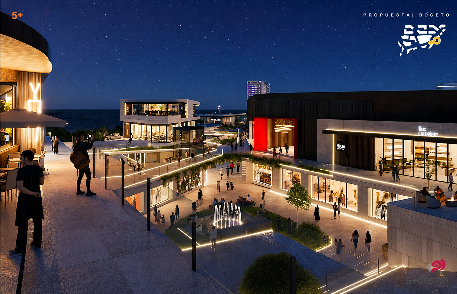 Render referencial de las terrazas y espacios abiertos del proyecto al atardecer, con personas paseando