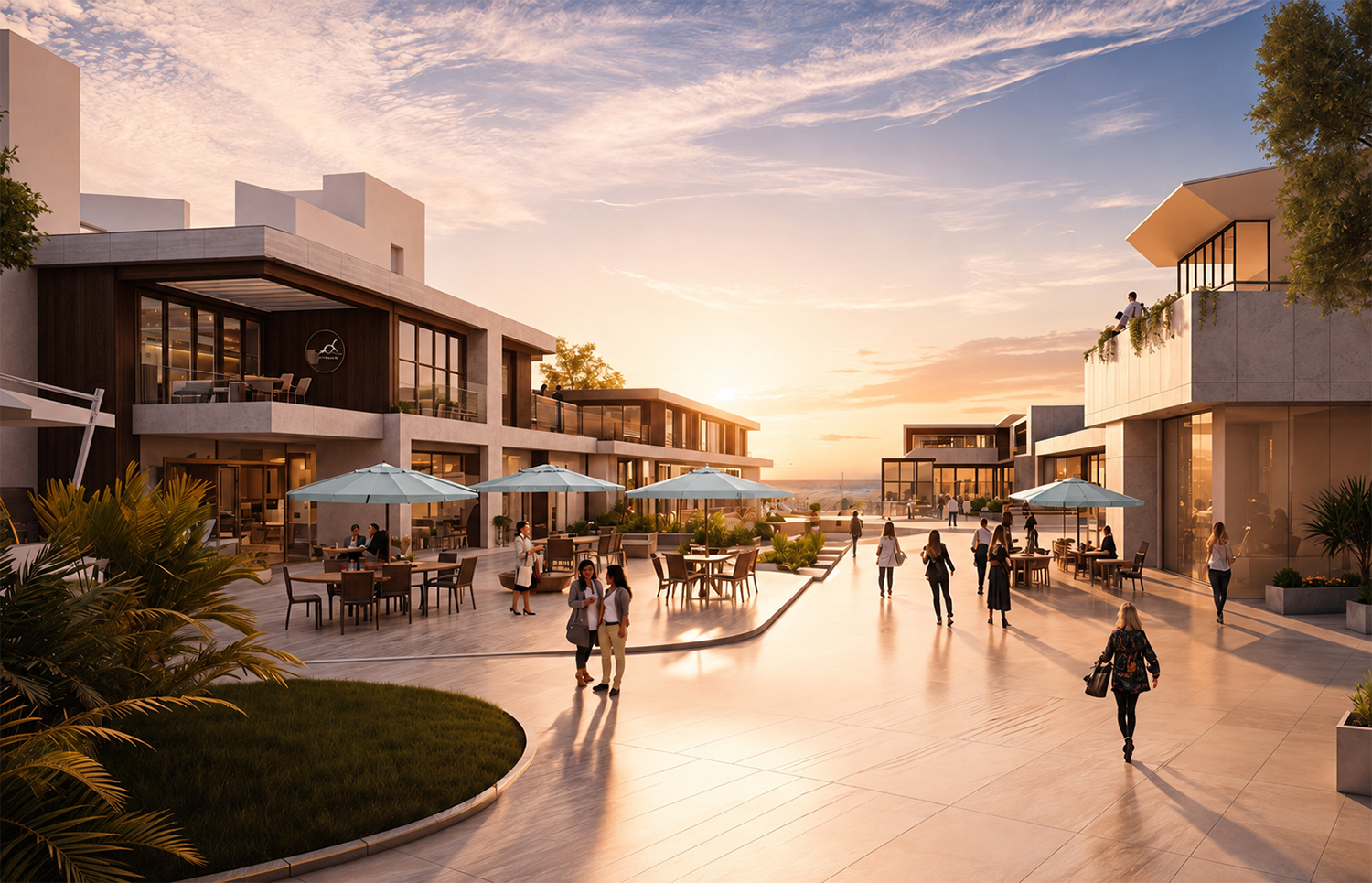 Render del proyecto de centro comercial estilo lifestyle en Concón, con boulevard, terrazas y áreas verdes