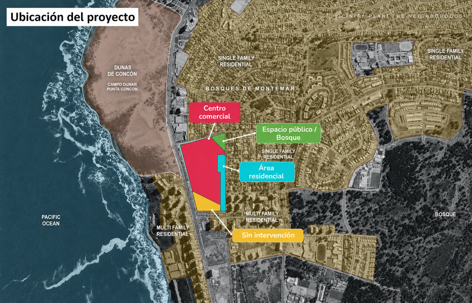 Plano de ubicación del proyecto, con las zonas de centro comercial, área residencial, espacio público/bosque y sin intervención